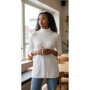 Lands End Sweater Tunic Turtle Neck 14/16‎ Long Sleeved White Basketweave SZ S